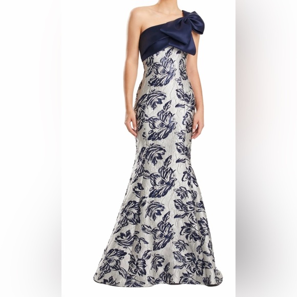 Alexander By Daymor Dresses & Skirts - Elegant One Shoulder Brocade Embroidered Jacquard Dress in Navy Prom or Wedding